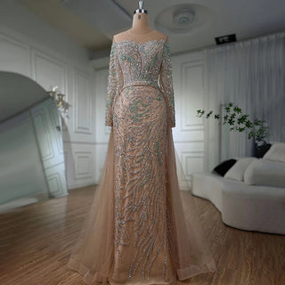 Nude Mermaid Evening Dress 2024 with Overskirt, Beaded Detailing, and High Split - Ideal for Women's Wedding Parties