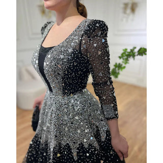 Muslim Black A-Line Evening Gown: Luxurious Sequined and Beaded Elegance for Women's Wedding Party 2024