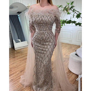 Dubai Caramel Feather Beaded Mermaid Evening Gown: Elegant Cape Sleeves for Women's Wedding Party 2024