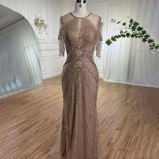 Ships in 1 to 3 Days - Caramel Cascade: Cap Sleeves Tassel Mermaid Gown with Beading – Mother of the Bride 2024 Wedding Party Elegance