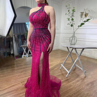 Fuchsia Halter Sleeveless Beaded Mermaid High Split Evening Dress: Party Gown for Women 2024