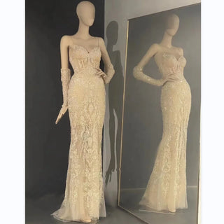 QUEENS DUBAI: Champagne Cascade - Costume Dress with Spaghetti Straps, Mermaid V Neck, Floor-Length Hem, and Detachable Sleeve for a Captivating Fashion Show Ensemble