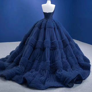 Midnight Elegance: Navy Ruffle Sweetheart Ball Gown for Evening Proms