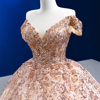 Radiant Glamour: Champagne Sequins Off-Shoulder Ball Gown Evening Dress