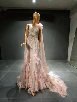 QUEENS DUBAI: Pink Enchantment - One-Shoulder Rhinestone Beaded Ostrich Feather Costume Show Dress