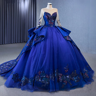 Blooms of Elegance: Blue Floral Print O-Neck Ball Gown with Sequins and Chapel Train Evening Dress