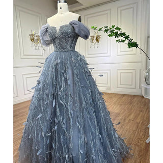 Ships in 1 to 3 Days - Grey A-Line Evening Dress 2024 with Sexy Off-Shoulder Design, Beaded Feathers Luxury - Ideal for Women's Wedding Party