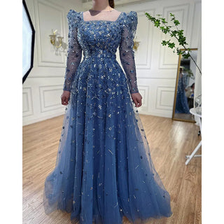 Blue Opulence: 2024 Muslim A-Line Evening Dress with Luxury Beading - Perfect for Women's Parties