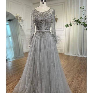 Feathered Grace: Grey A-Line Evening Gown with Beading and Feather Design – Dubai 2024 Formal Collection