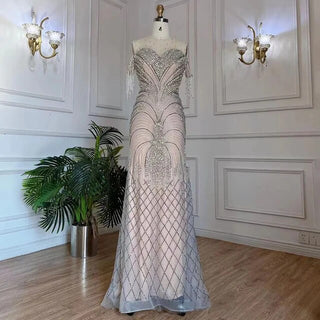 2024 Dubai-Inspired Silver-Nude Mermaid Evening Gown: Elegant Tassel Beading for Women's Luxurious Arabic Parties