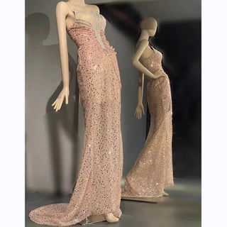 QUEENS DUBAI: Pink Sequins Enchantment - Slit Spaghetti Straps Mermaid Stage Costume for a Night of Glamour