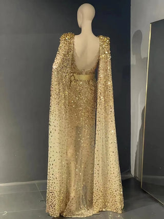 QUEENS DUBAI: Gold Stage Costume Dress with Shawl - Deep V-Neck Sequins Lace Luxury Cocktail & Evening Dress