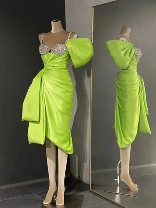 QUEENS DUBAI: Emerald Elegance - Green Pleats Gorgeous One-Shoulder Dress with Beaded Straps and Pencil Skirt for a Striking Fashion Show Ensemble