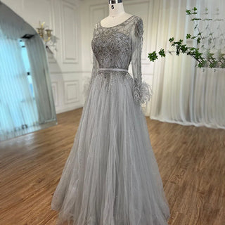 Feathered Grace: Grey A-Line Evening Gown with Beading and Feather Design – Dubai 2024 Formal Collection