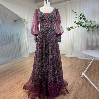 Purple Muslim Mermaid Evening Dress 2024 with Elegant Puff Sleeves, Luxury Beaded Detailing - Ideal for Women's Wedding Party