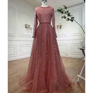 Muslim Pink A-Line Beaded Dubai Luxury Evening Gown for Women's Wedding Party Plus