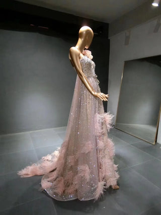 QUEENS DUBAI: Pink Enchantment - One-Shoulder Rhinestone Beaded Ostrich Feather Costume Show Dress