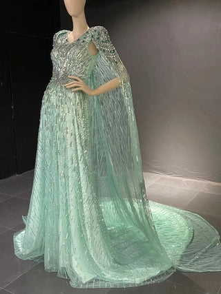 QUEENS DUBAI: Mint Marvel - A-Line V Neck Bead Rhinestone Stage Costume Dress with Cape Fashion Show Dress