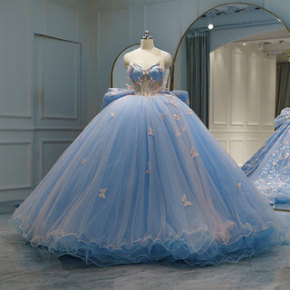 Dreamy Elegance: Royal Blue Sweetheart Dress with Butterfly Ball Gown and Back Bow