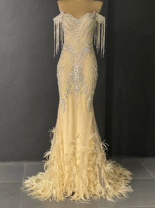 QUEENS DUBAI: Ostrich Feather Elegance - Off-Shoulder Sparkling Rhinestone Costume Dress with Tassel