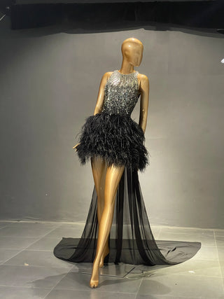 QUEENS DUBAI: Midnight Elegance - Black Ostrich Feather Costume Dress with Sleeveless Sequins, Short Mini Design, and Striking Train