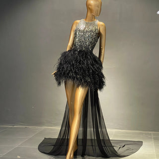 QUEENS DUBAI: Midnight Elegance - Black Ostrich Feather Costume Dress with Sleeveless Sequins, Short Mini Design, and Striking Train