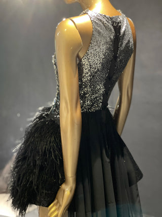 QUEENS DUBAI: Midnight Elegance - Black Ostrich Feather Costume Dress with Sleeveless Sequins, Short Mini Design, and Striking Train