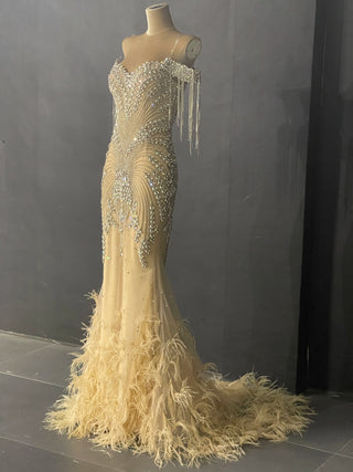 QUEENS DUBAI: Ostrich Feather Elegance - Off-Shoulder Sparkling Rhinestone Costume Dress with Tassel