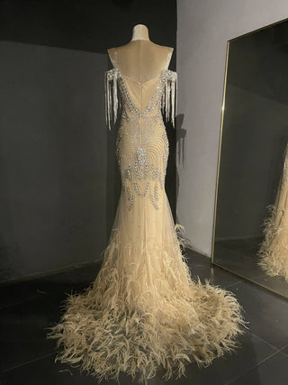 QUEENS DUBAI: Ostrich Feather Elegance - Off-Shoulder Sparkling Rhinestone Costume Dress with Tassel