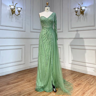 Arabic Mint Mermaid Beaded Evening Gown 2024 - Sexy One-Shoulder Split Dress for Women's Wedding Party