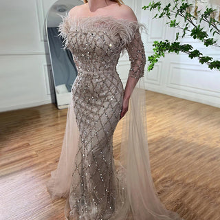 Dubai Caramel Feather Beaded Mermaid Evening Gown: Elegant Cape Sleeves for Women's Wedding Party 2024