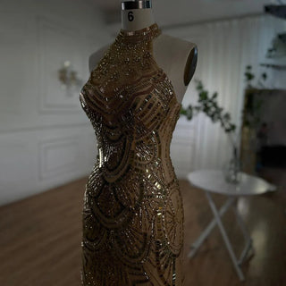 Gold Halter Mermaid Evening Dress 2024 with Sparkle, Sequined Beaded Luxury - Ideal for Women's Wedding Party