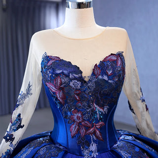 Blooms of Elegance: Blue Floral Print O-Neck Ball Gown with Sequins and Chapel Train Evening Dress