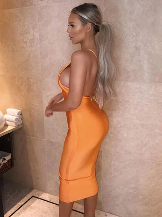 Ships in 1 to 3 Days – Sizzling Elegance: 2024 Hot Orange Asymmetrical Backless Bandage Dress - Midi Slim Vestidos for Party, Club, and Celebrity Cocktail Glam