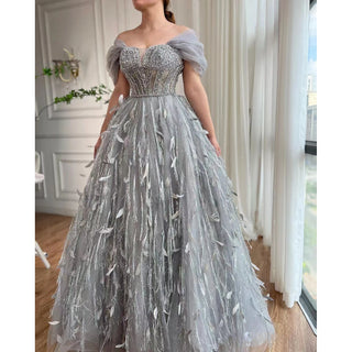 Ships in 1 to 3 Days - Grey A-Line Evening Dress 2024 with Sexy Off-Shoulder Design, Beaded Feathers Luxury - Ideal for Women's Wedding Party