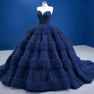 Midnight Elegance: Navy Ruffle Sweetheart Ball Gown for Evening Proms