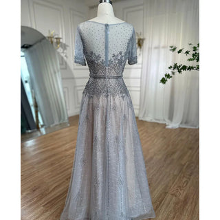 Grey O-Neck A-Line Evening Dress 2024 with Short Sleeves - Ideal for Mother of the Bride, Luxury Beaded Party Gowns