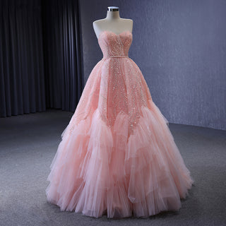 Enchanted Blush: Romantic Pink Ball Gown with Sweetheart Neckline, Beading, and Sequins