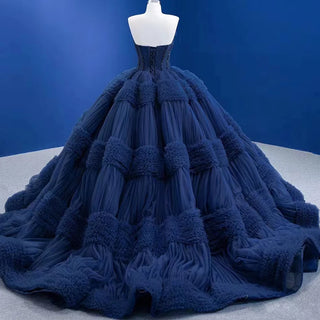 Midnight Elegance: Navy Ruffle Sweetheart Ball Gown for Evening Proms