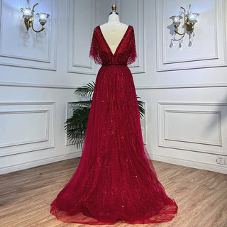 Desert Ruby: Red A-Line Evening Dress with Half Sleeves and Crystal Beading – Dubai 2024 Formal Collection