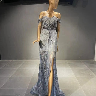 QUEENS DUBAI: Gorgeous Heavy Beaded Slit Sexy Off-Shoulder Costume Dress - Fashion Show Party Evening Elegance