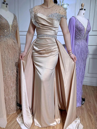 2024 Arabic Nude Mermaid Evening Gown: Elegant Satin with Overskirt and Luxury Beading for Women's Party Glamour