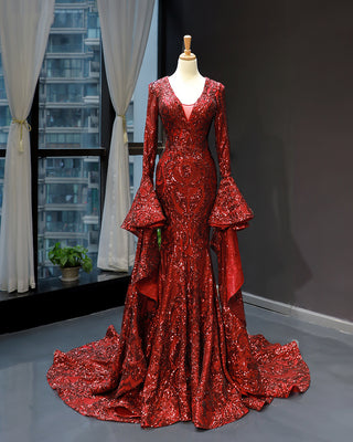 Ravishing Red Elegance: V-Neck Lace Evening Dress with Long Sleeves