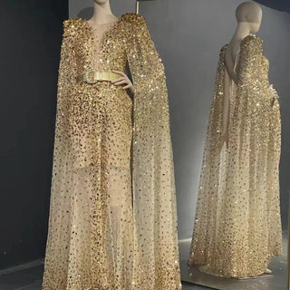 QUEENS DUBAI: Gold Stage Costume Dress with Shawl - Deep V-Neck Sequins Lace Luxury Cocktail & Evening Dress