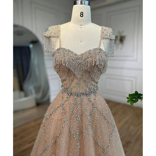 2024 Arabic Nude A-Line Evening Gown: Sweetheart Neckline, Beaded Tassel Detail, and Lace-Up Back for Women's Wedding Party Elegance