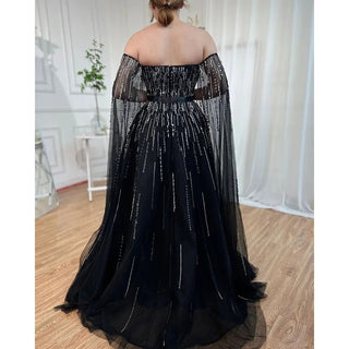 Black A-Line Strapless Evening Dresses 2024 - Cape Sleeves with Luxury Crystal Beading for Women's Party