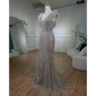 Arabic Mermaid Grey Nude Evening Gown: Elegant Feather Beaded Luxury for Women's Wedding Party 2024