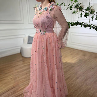 Pink A-Line O Neck Long Sleeve Dubai Evening Dress 2024 with Handmade Flowers and Pearls