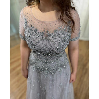 Grey O-Neck A-Line Evening Dress 2024 with Short Sleeves - Ideal for Mother of the Bride, Luxury Beaded Party Gowns