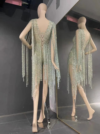 QUEENS DUBAI: Dazzling Temptation - Mini Dress with Beaded Tassel, Deep V Neck Costume Elegance for the Runway